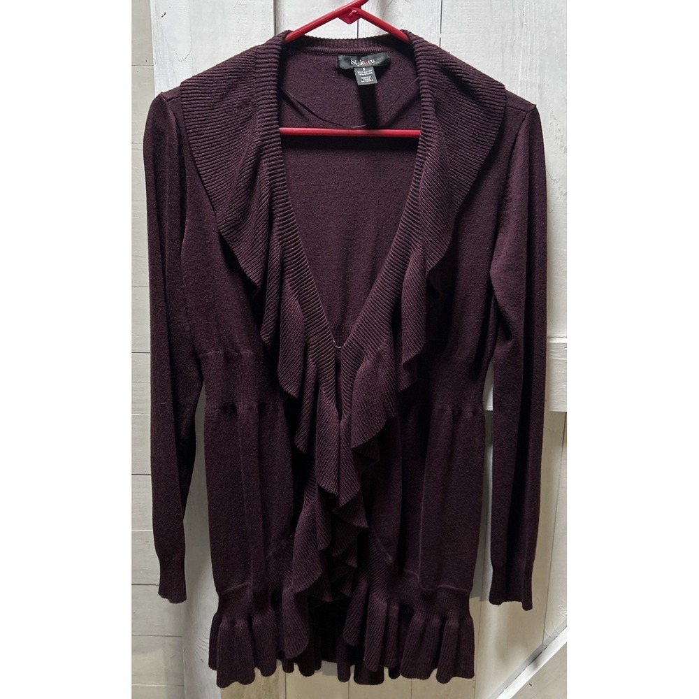 Style & Co Womens Ruffled Long Cardigan Sweater Size S Purple Romantic Boho